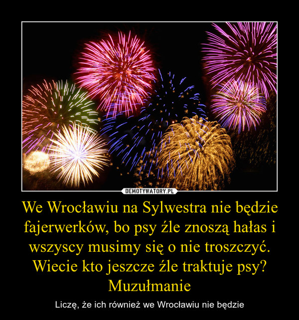 We Wrocławiu na Sylwestra nie będzie fajerwerków, bo psy źle znoszą hałas i wszyscy musimy się o nie troszczyć.Wiecie kto jeszcze źle traktuje psy? Muzułmanie – Liczę, że ich również we Wrocławiu nie będzie 
