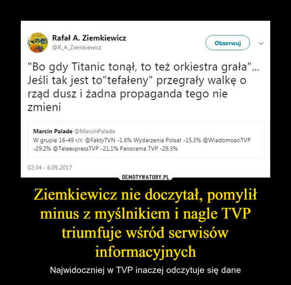 Ziemkiewicz nie doczytał, pomylił minus z myślnikiem i nagle TVP triumfuje wśród serwisów informacyjnych – Najwidoczniej w TVP inaczej odczytuje się dane "Bo gdy Titanic tonął, to też orkiestra grała"... Jeśli tak jest to"tefałeny" przegrały walkę o rząd dusz i żadna propaganda tego nie zmieniW grupie 16-49 r/r: @FaktyTVN -1,6% Wydarzenia Polsat -15,3% @WiadomosciTVP -29,2% @TeleexpressTVP -21,1% Panorama TVP -29,3%