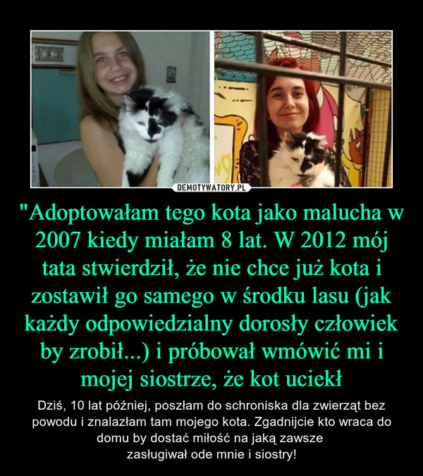 "Adoptowałam tego kota jako malucha w 2007 kiedy miałam 8 lat. W 2012 mój tata stwierdził, że nie chce już kota i zostawił go samego w środku lasu (jak każdy odpowiedzialny dorosły człowiek by zrobił...) i próbował wmówić mi i mojej siostrze, że kot uciekł – Dziś, 10 lat później, poszłam do schroniska dla zwierząt bez powodu i znalazłam tam mojego kota. Zgadnijcie kto wraca do domu by dostać miłość na jaką zawsze zasługiwał ode mnie i siostry! 