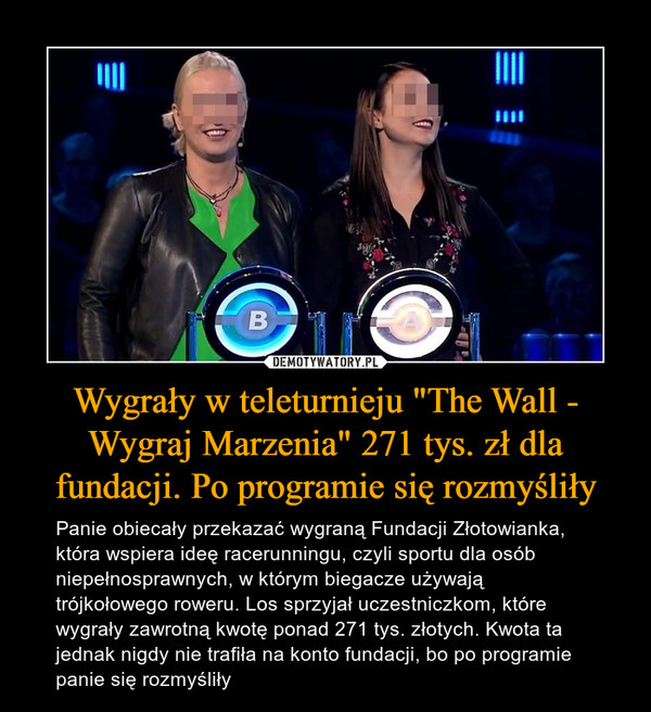Wygrały w teleturnieju "The Wall - Wygraj Marzenia" 271 tys. zł dla fundacji. Po programie się rozmyśliły