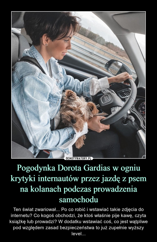 Pogodynka Dorota Gardias w ogniu krytyki internautów przez jazdę z psem na kolanach podczas prowadzenia samochodu – Ten świat zwariował... Po co robić i wstawiać takie zdjęcia do internetu? Co kogoś obchodzi, że ktoś właśnie pije kawę, czyta książkę lub prowadzi? W dodatku wstawiać coś, co jest wątpliwe pod względem zasad bezpieczeństwa to już zupełnie wyższy level... 