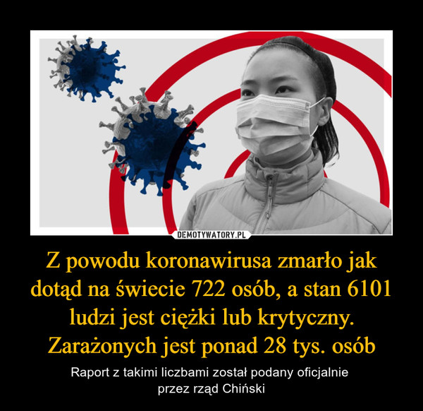 Z powodu koronawirusa zmarło jak dotąd na świecie 722 osób, a stan 6101 ludzi jest ciężki lub krytyczny. Zarażonych jest ponad 28 tys. osób – Raport z takimi liczbami został podany oficjalnie przez rząd Chiński 