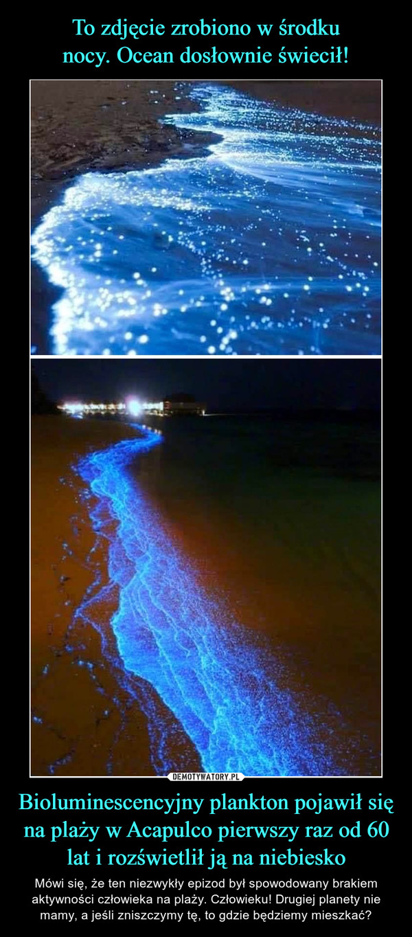 To zdjęcie zrobiono w środku
nocy. Ocean dosłownie świecił! Bioluminescencyjny plankton pojawił się na plaży w Acapulco pierwszy raz od 60 lat i rozświetlił ją na niebiesko