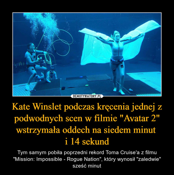 Kate Winslet podczas kręcenia jednej z podwodnych scen w filmie "Avatar 2" wstrzymała oddech na siedem minut 
i 14 sekund