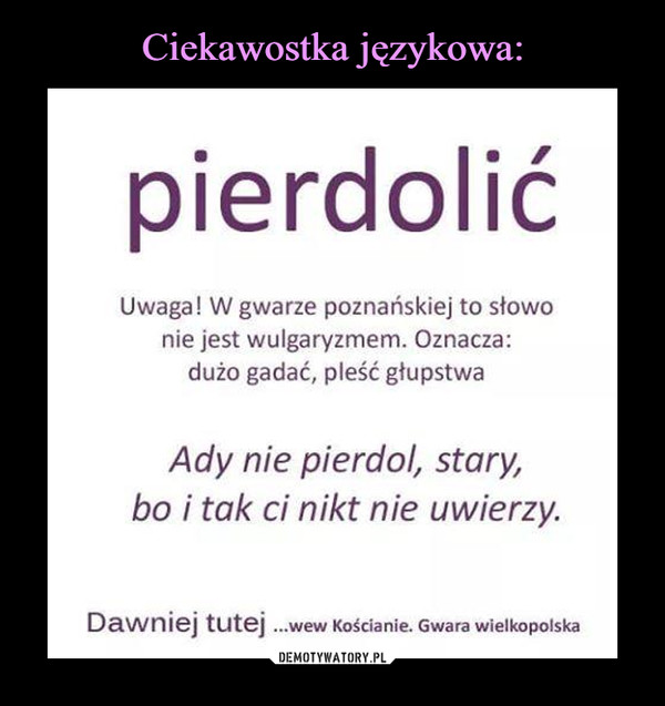  –  pierdolić Uwaga! W gwarze poznańskiej to słowo nie jest wulgaryzmem/ Oznacza: dużo gadać, pleść głupstwa Ady nie pierdol, stary bo i tak ci nikt nie uwierzy Dawniej tutej wew Kościanie Gwara Wielkopolska