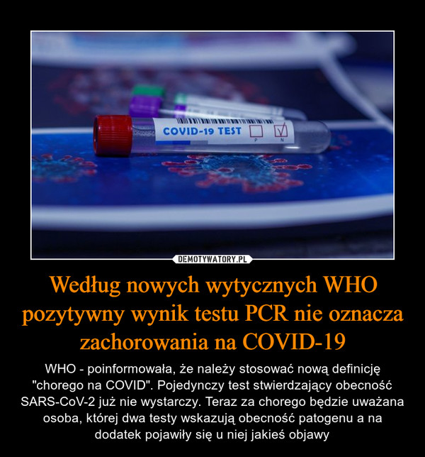Według nowych wytycznych WHO pozytywny wynik testu PCR nie oznacza zachorowania na COVID-19