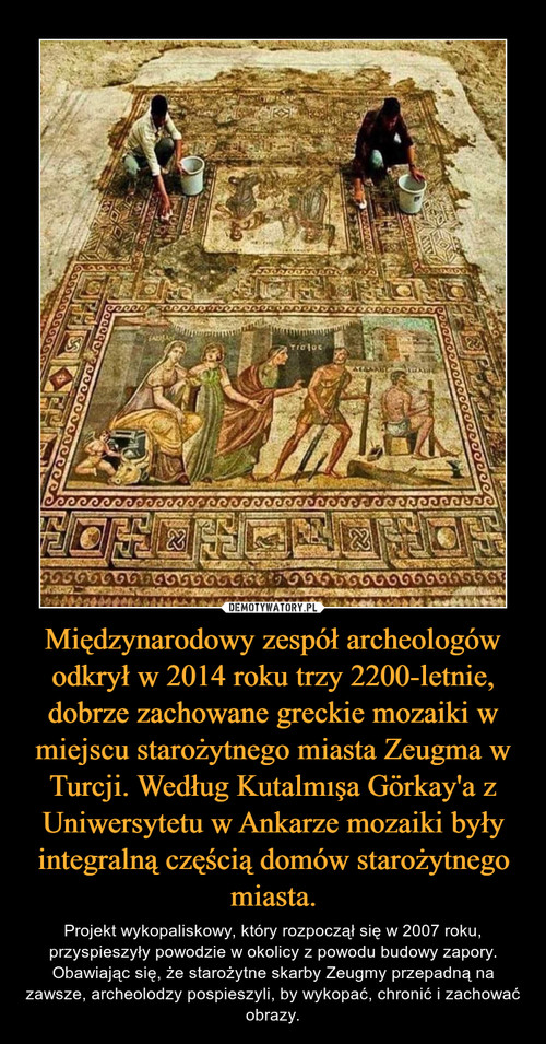 Międzynarodowy zespół archeologów odkrył w 2014 roku trzy 2200-letnie, dobrze zachowane greckie mozaiki w miejscu starożytnego miasta Zeugma w Turcji. Według Kutalmışa Görkay'a z Uniwersytetu w Ankarze mozaiki były integralną częścią domów starożytnego miasta.