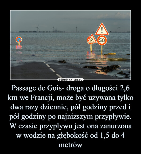 Passage de Gois- droga o długości 2,6 km we Francji, może być używana tylko dwa razy dziennie, pół godziny przed i pół godziny po najniższym przypływie. W czasie przypływu jest ona zanurzona w wodzie na głębokość od 1,5 do 4 metrów –  