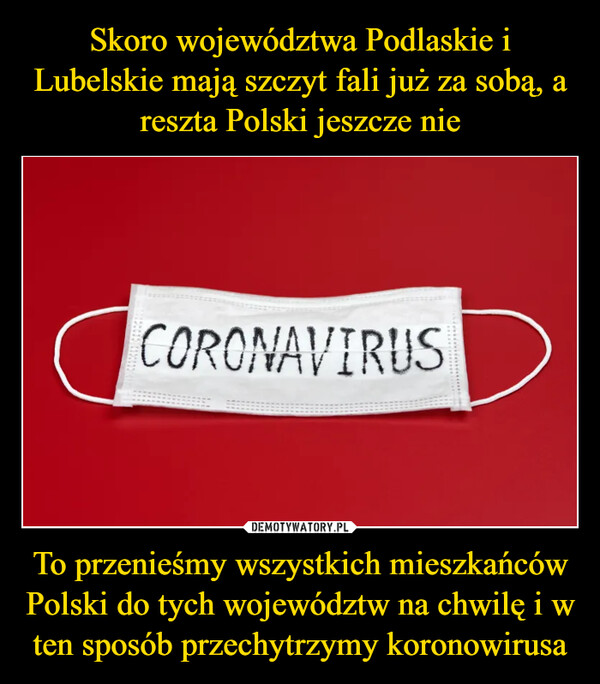 Skoro województwa Podlaskie i Lubelskie mają szczyt fali już za sobą, a reszta Polski jeszcze nie To przenieśmy wszystkich mieszkańców Polski do tych województw na chwilę i w ten sposób przechytrzymy koronowirusa