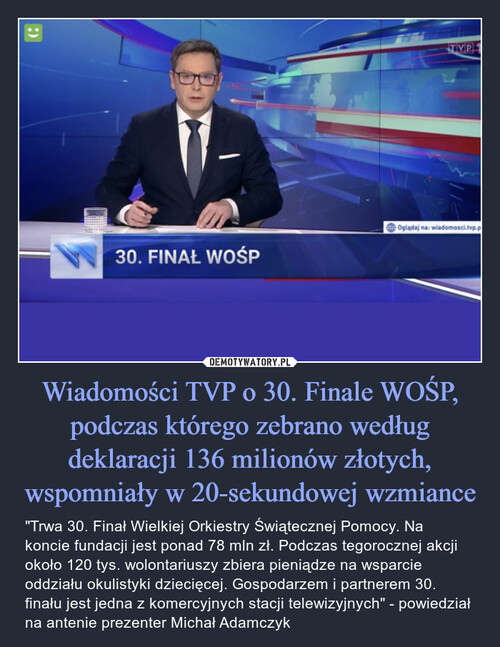 Wiadomości TVP o 30. Finale WOŚP, podczas którego zebrano według deklaracji 136 milionów złotych, wspomniały w 20-sekundowej wzmiance
