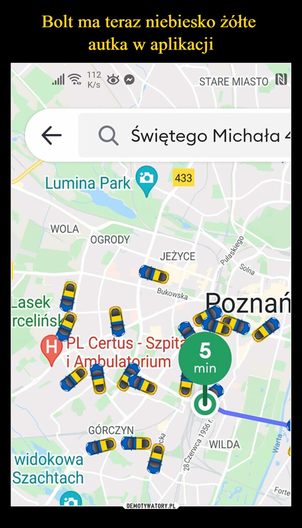 Bolt ma teraz niebiesko żółte 
autka w aplikacji
