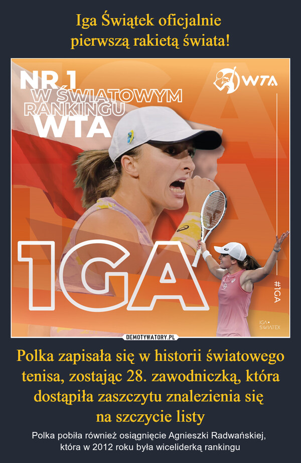 Polka zapisała się w historii światowego tenisa, zostając 28. zawodniczką, która dostąpiła zaszczytu znalezienia się na szczycie listy – Polka pobiła również osiągnięcie Agnieszki Radwańskiej, która w 2012 roku była wiceliderką rankingu 