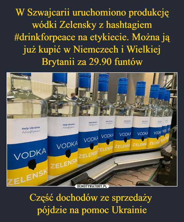 W Szwajcarii uruchomiono produkcję wódki Zelensky z hashtagiem #drinkforpeace na etykiecie. Można ją już kupić w Niemczech i Wielkiej Brytanii za 29.90 funtów Część dochodów ze sprzedaży 
pójdzie na pomoc Ukrainie