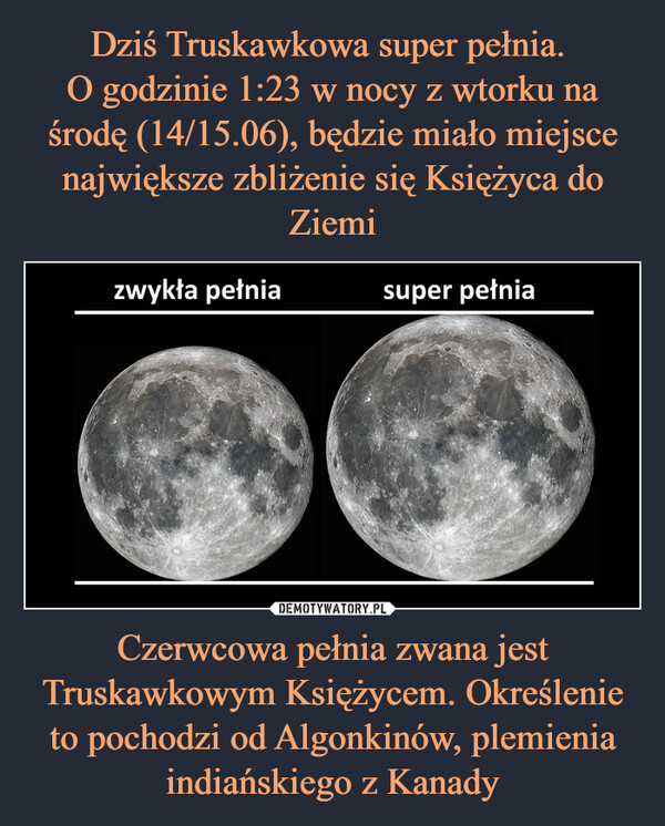 Czerwcowa pełnia zwana jest Truskawkowym Księżycem. Określenie to pochodzi od Algonkinów, plemienia indiańskiego z Kanady –  