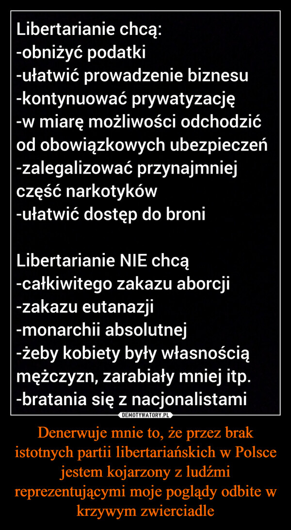 Denerwuje mnie to, że przez brak istotnych partii libertariańskich w Polsce jestem kojarzony z ludźmi reprezentującymi moje poglądy odbite w krzywym zwierciadle –  