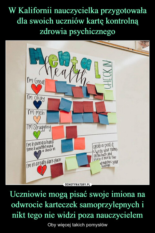 W Kalifornii nauczycielka przygotowała dla swoich uczniów kartę kontrolną zdrowia psychicznego Uczniowie mogą pisać swoje imiona na odwrocie karteczek samoprzylepnych i nikt tego nie widzi poza nauczycielem