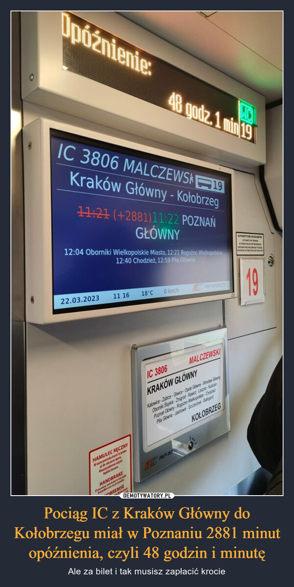 Pociąg IC z Kraków Główny do Kołobrzegu miał w Poznaniu 2881 minut opóźnienia, czyli 48 godzin i minutę