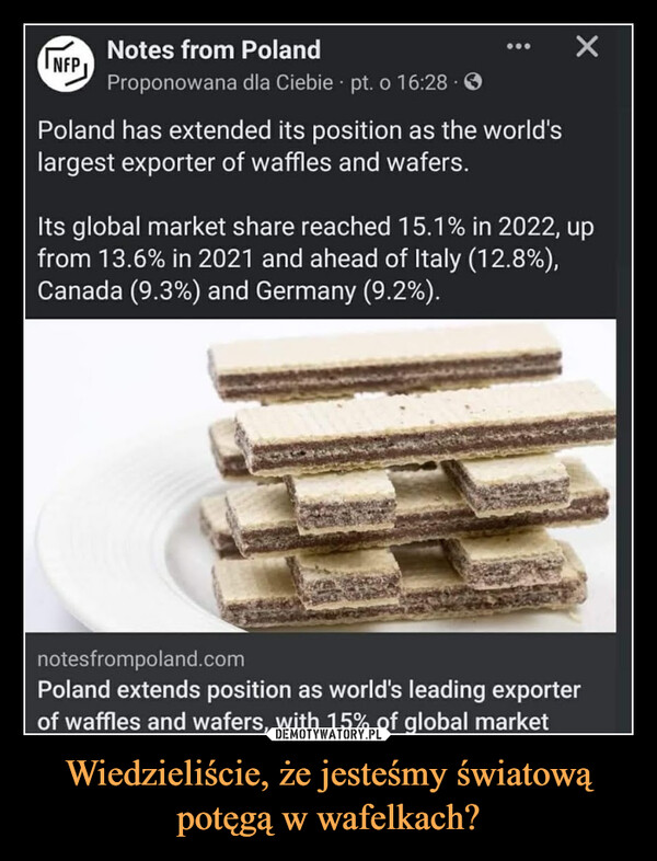 Wiedzieliście, że jesteśmy światową potęgą w wafelkach? –  INFPNotes from PolandProponowana dla Ciebie pt. o 16:28.Poland has extended its position as the world'slargest exporter of waffles and wafers.XIts global market share reached 15.1% in 2022, upfrom 13.6% in 2021 and ahead of Italy (12.8%),Canada (9.3%) and Germany (9.2%).notesfrompoland.comPoland extends position as world's leading exporterof waffles and wafers, with 15% of global market