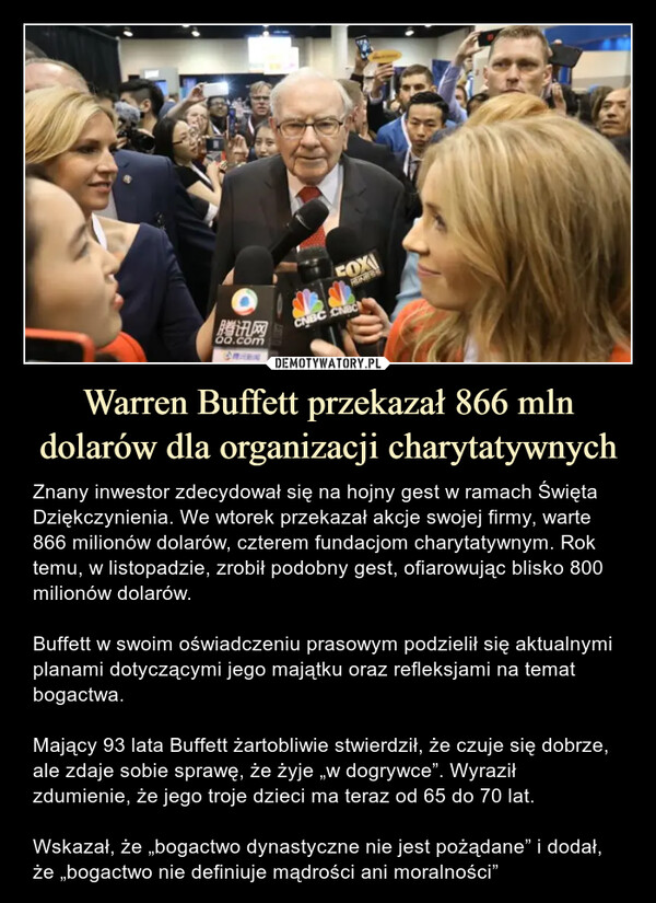 Warren Buffett przekazał 866 mln dolarów dla organizacji charytatywnych