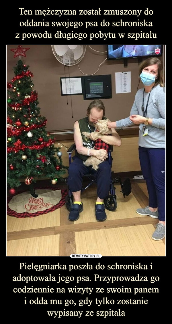 Pielęgniarka poszła do schroniska i adoptowała jego psa. Przyprowadza go codziennie na wizyty ze swoim panemi odda mu go, gdy tylko zostaniewypisany ze szpitala –  MERRYCHRISTMASREAL