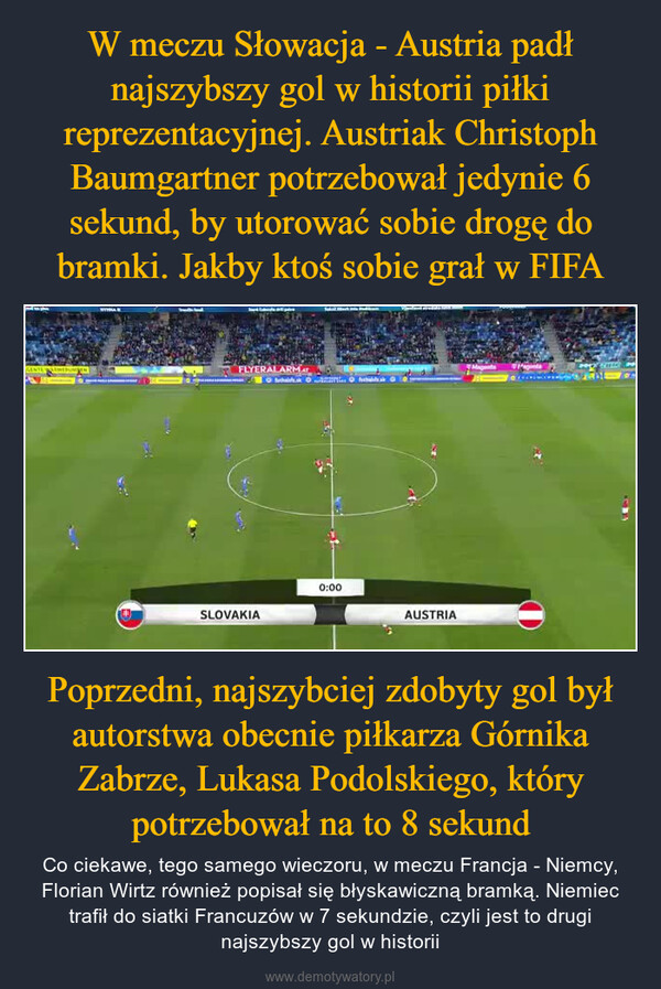 Poprzedni, najszybciej zdobyty gol był autorstwa obecnie piłkarza Górnika Zabrze, Lukasa Podolskiego, który potrzebował na to 8 sekund – Co ciekawe, tego samego wieczoru, w meczu Francja - Niemcy, Florian Wirtz również popisał się błyskawiczną bramką. Niemiec trafił do siatki Francuzów w 7 sekundzie, czyli jest to drugi najszybszy gol w historii CENTE WARMERFLYERAL ARMATSLOVAKIA0:00AUSTRIA