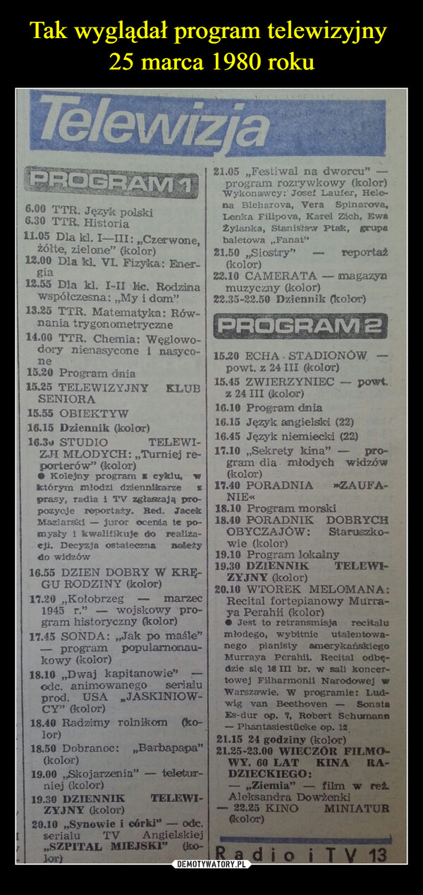 Tak wyglądał program telewizyjny 
25 marca 1980 roku